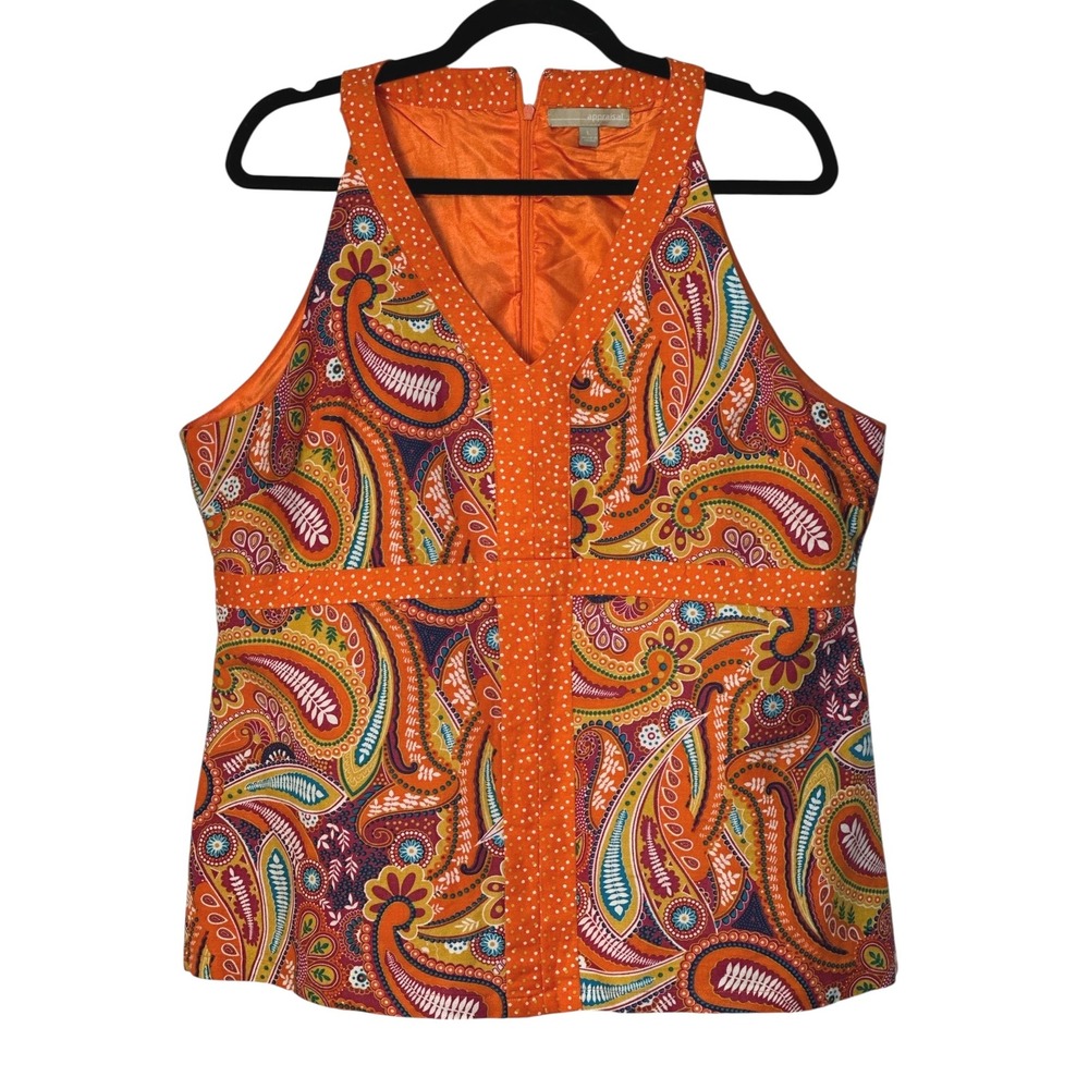 Appraisal Paisley Print Halter Top Sleeveless Orange Blouse Fully Lined‎ Boho L